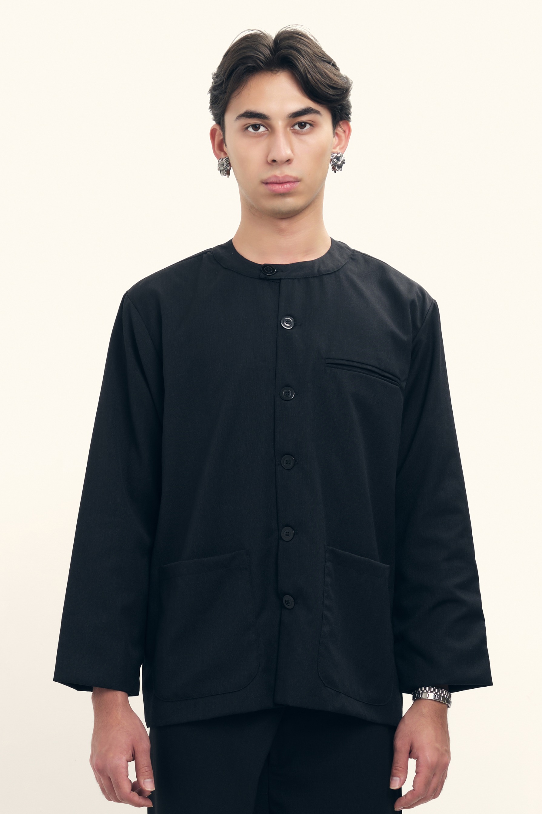 Relaxed Collarless Suit Jacket in Wool 