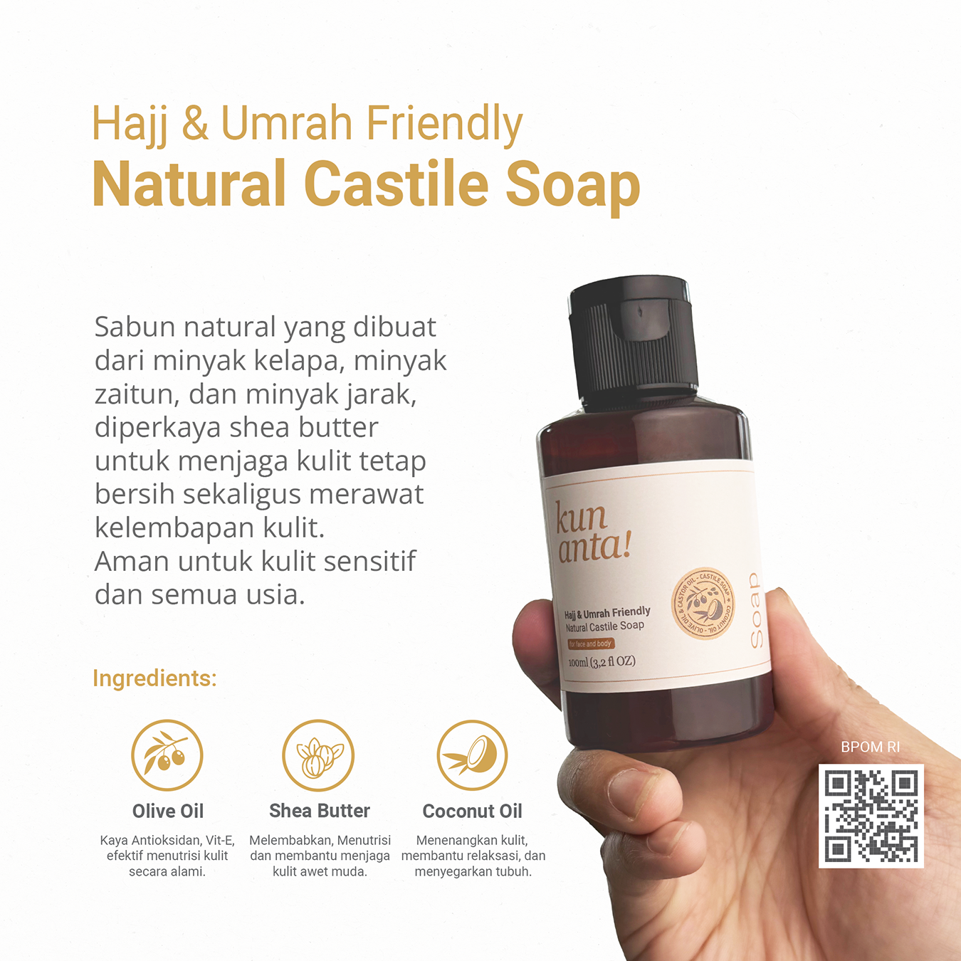 Hajj & Umrah Friendly Unscented Natural Castile Soap, Shampoo, Lotion, Balm Kun Anta! 