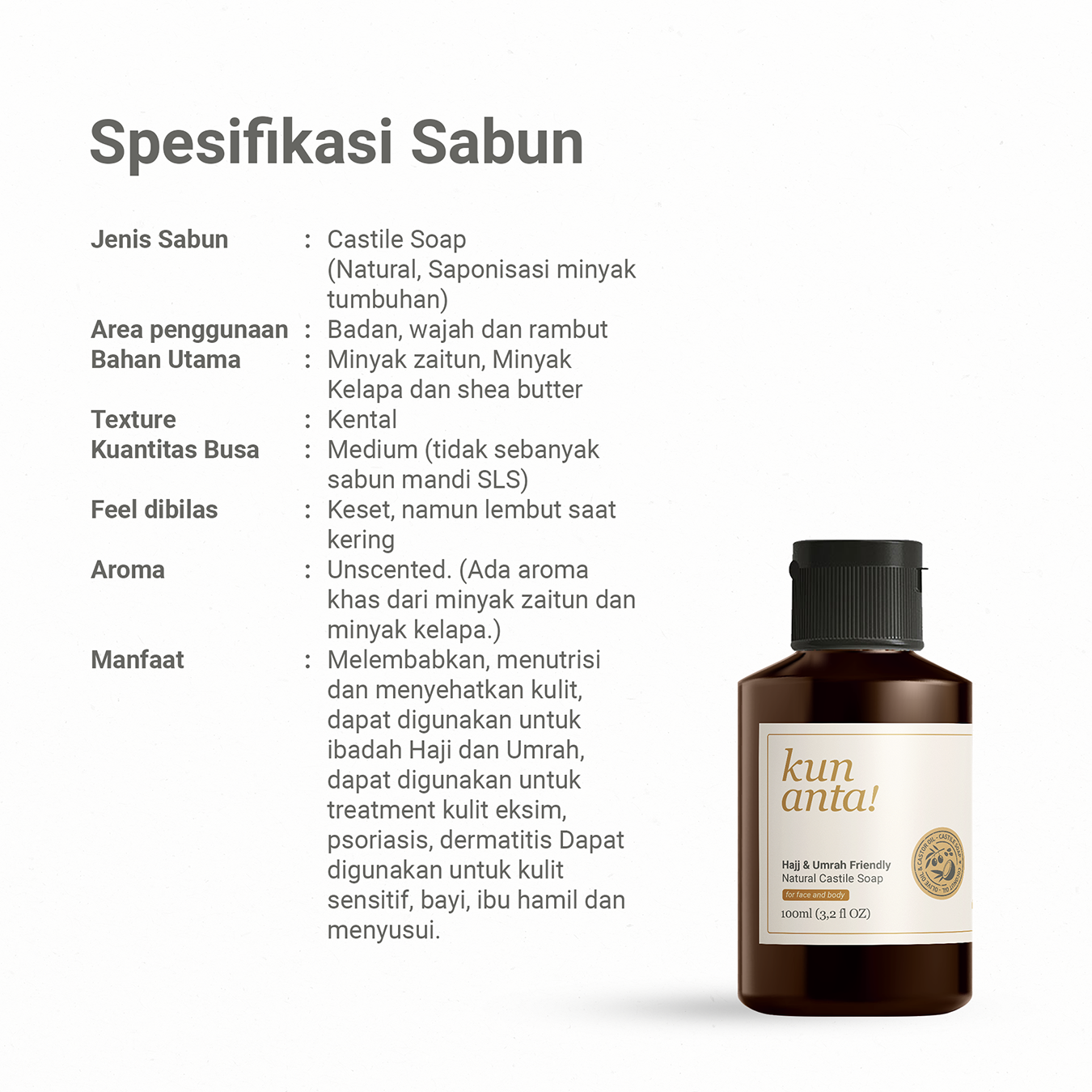 Hajj & Umrah Friendly Unscented Natural Castile Soap, Shampoo, Lotion, Balm Kun Anta! 