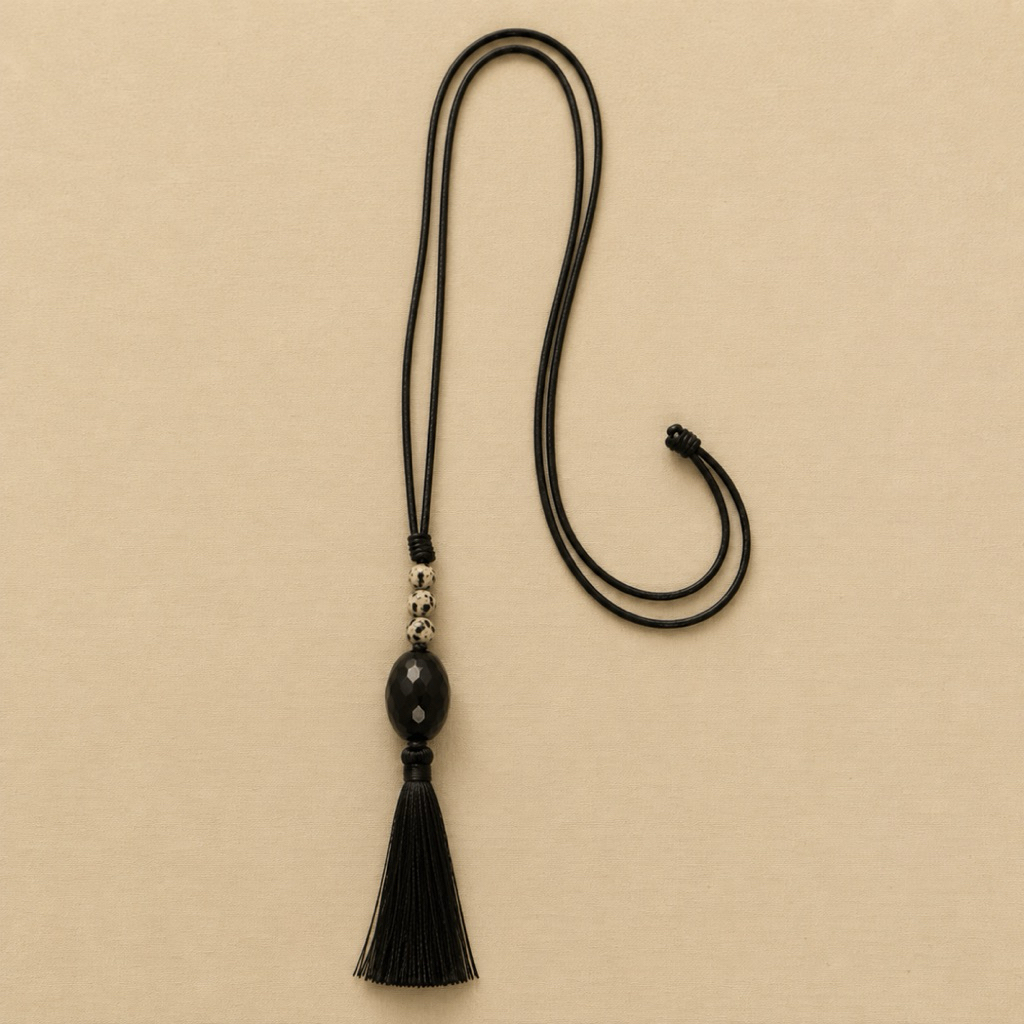Louisë // Quail Egg Tassel Necklace - Dalmatian Jasper & Black Tourmaline
