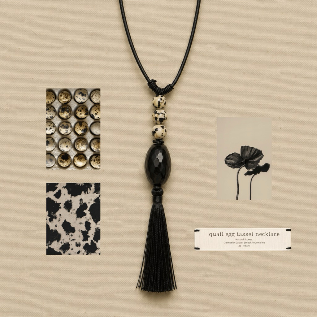Louisë // Quail Egg Tassel Necklace - Dalmatian Jasper & Black Tourmaline