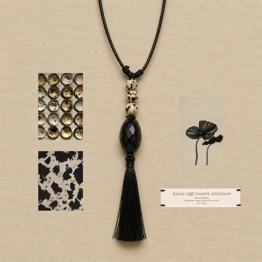 Louisë // Quail Egg Tassel Necklace - Dalmatian Jasper & Black Tourmaline