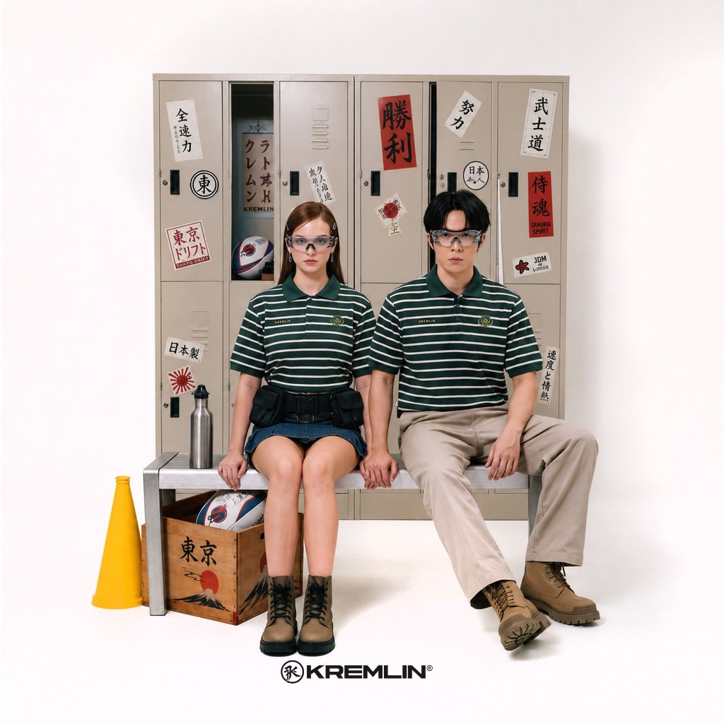 KREMLIN Waffle Polo Pinstripe shirt Green - Tsubaki Clan