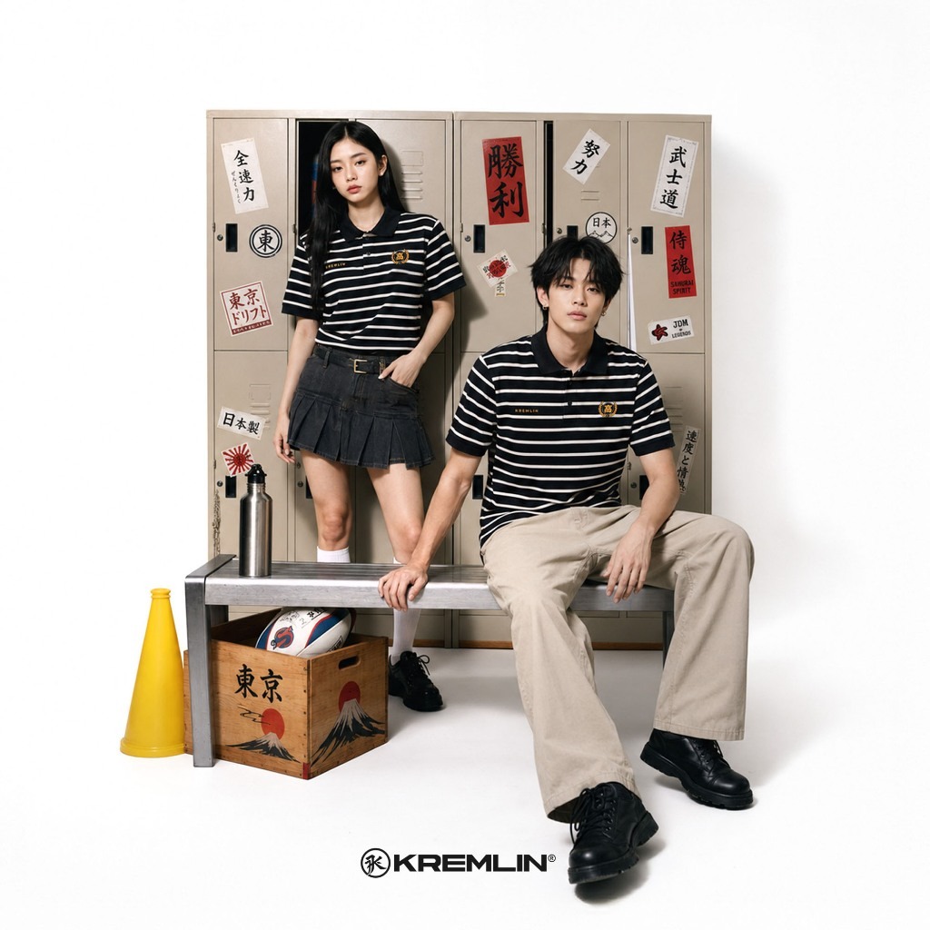 KREMLIN Waffle Polo Pinstripe shirt Black - Koto Clan