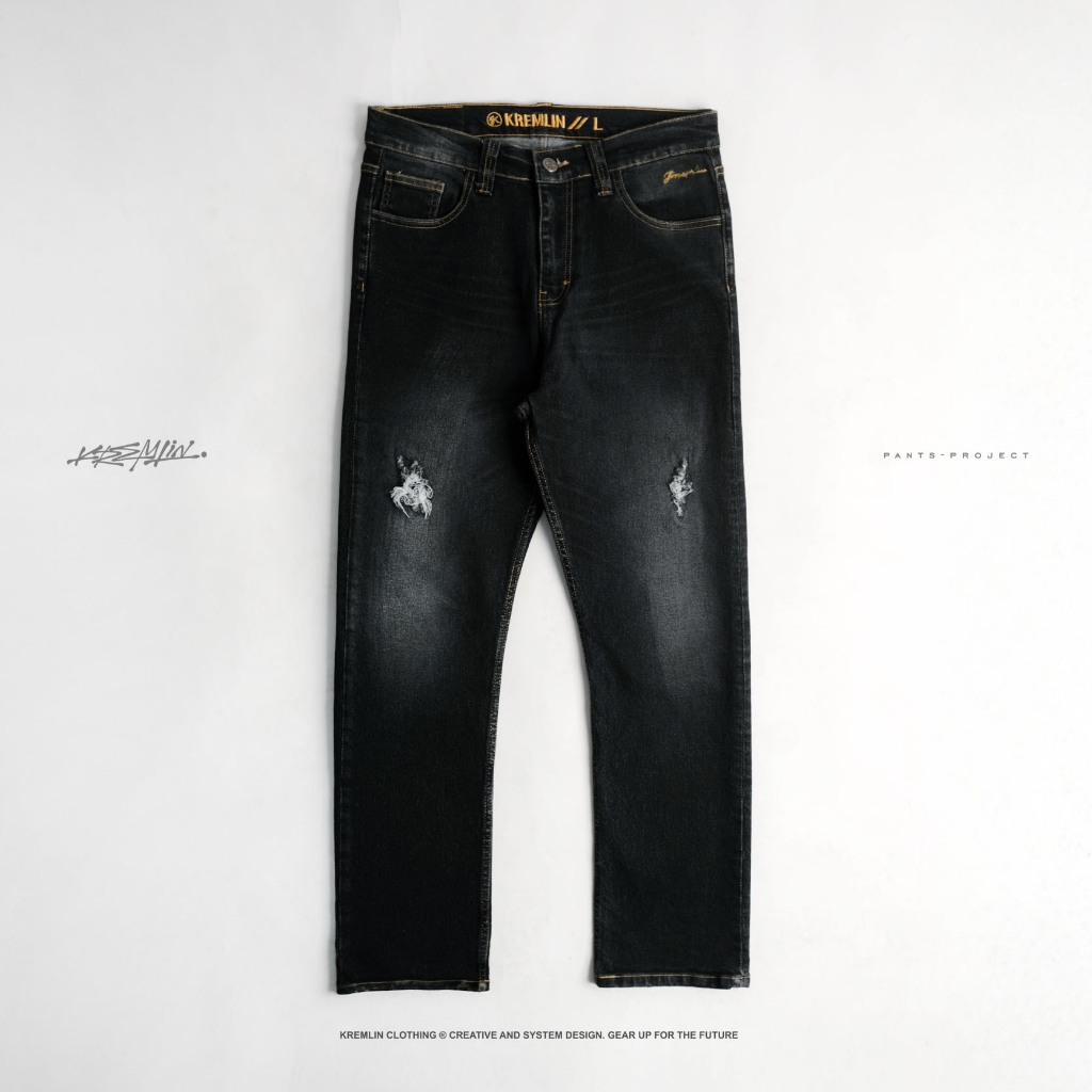 KREMLIN Celana Slim Fit Jeans Ripped Denim Wash Ash Black - Osaka