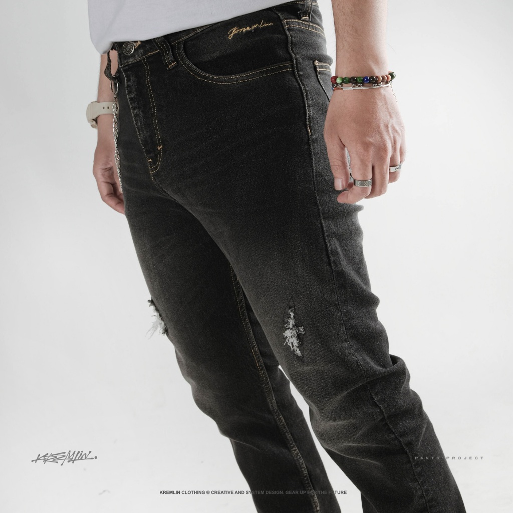 KREMLIN Celana Slim Fit Jeans Ripped Denim Wash Ash Black - Osaka