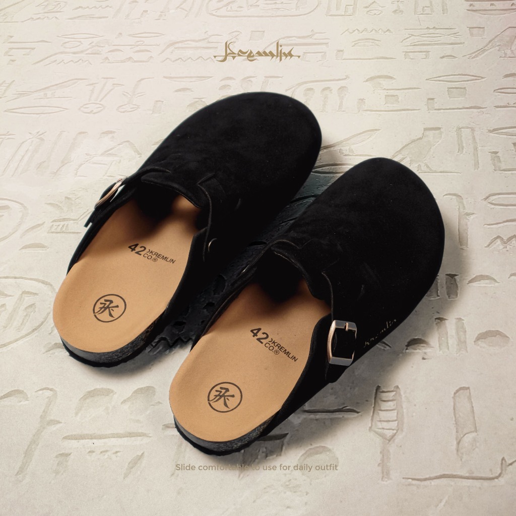 Kremlin Sepatu Sandal Slide - Clog Mule Suede - Black - ORB