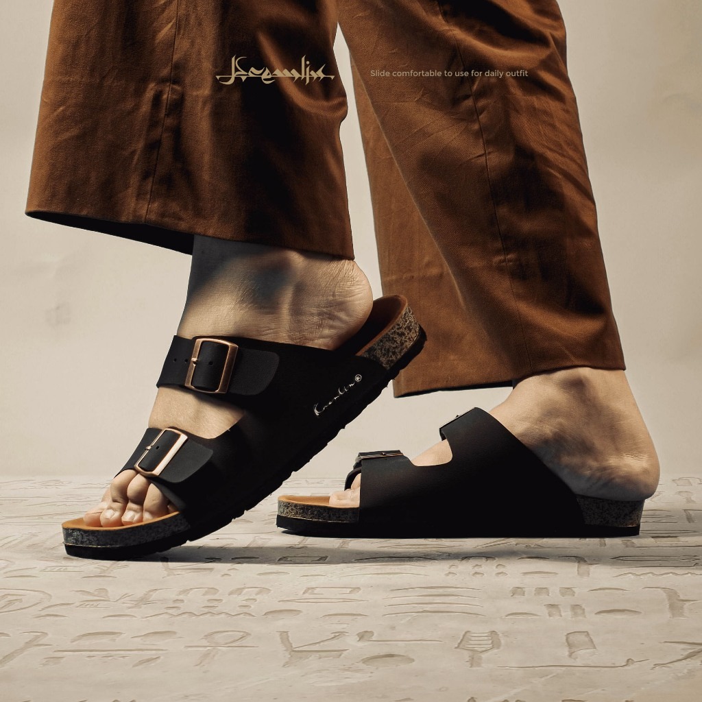 Kremlin Sepatu Sandal Slide - Footbed Two Strap - Black - Shaker