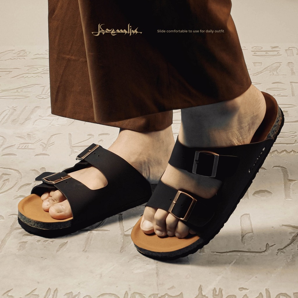 Kremlin Sepatu Sandal Slide - Footbed Two Strap - Black - Shaker
