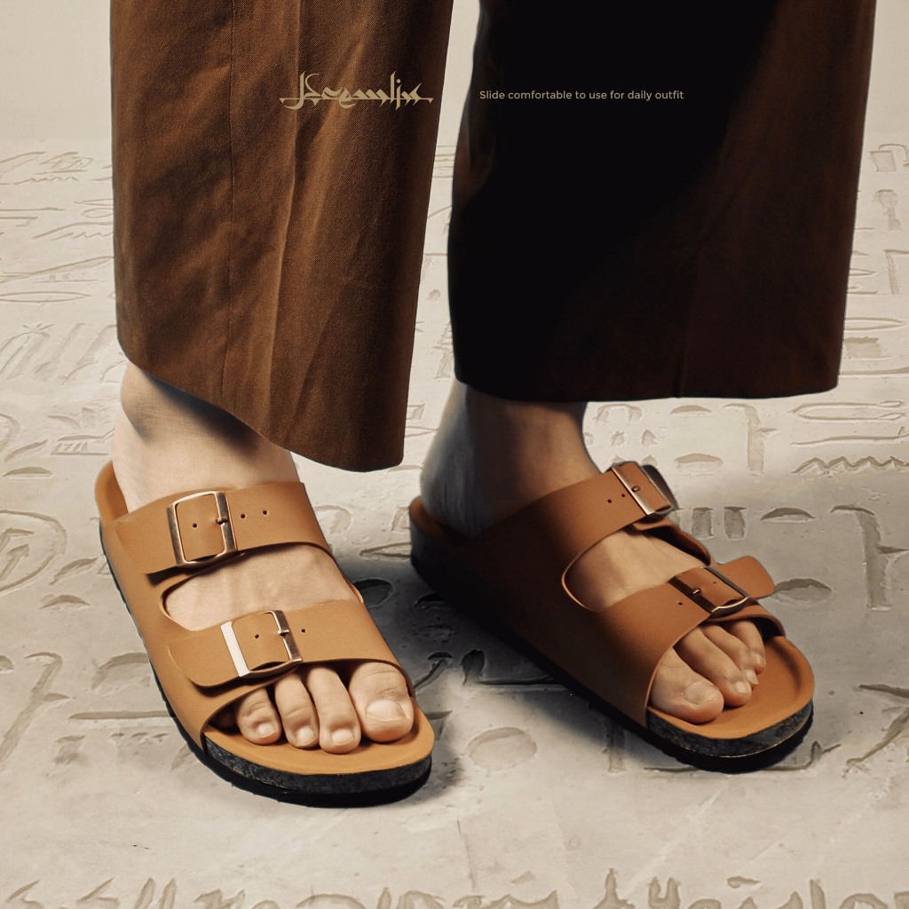 Kremlin Sepatu Sandal Slide - Footbed Two Strap - Brown - Shaker