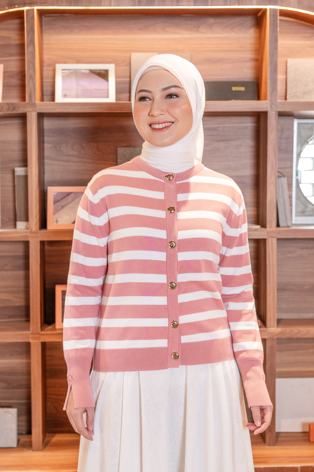 Kiora Striped Knit Cardigan Rose Tan
