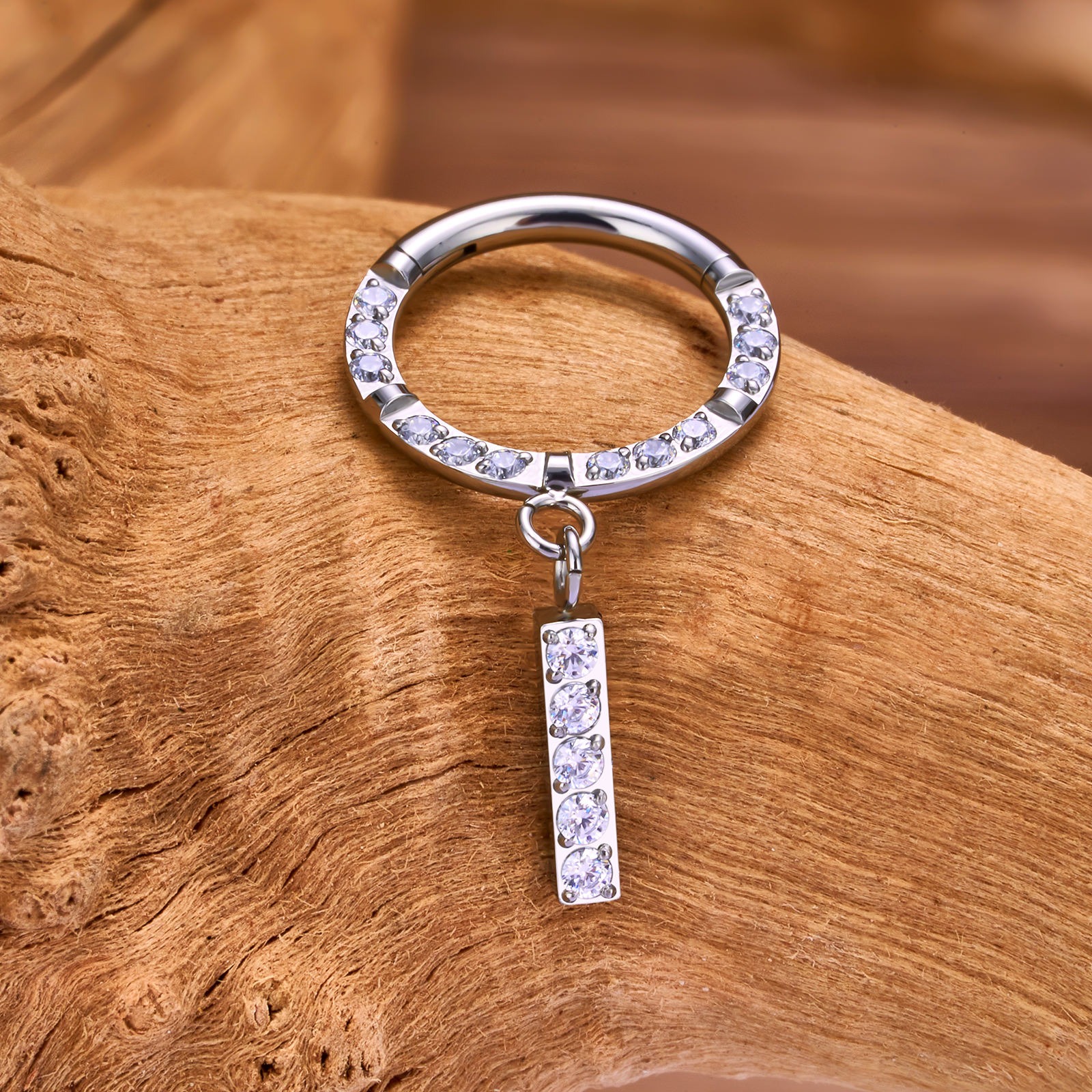 Pavé Hoop Ring with Bar Pendant - Titanium