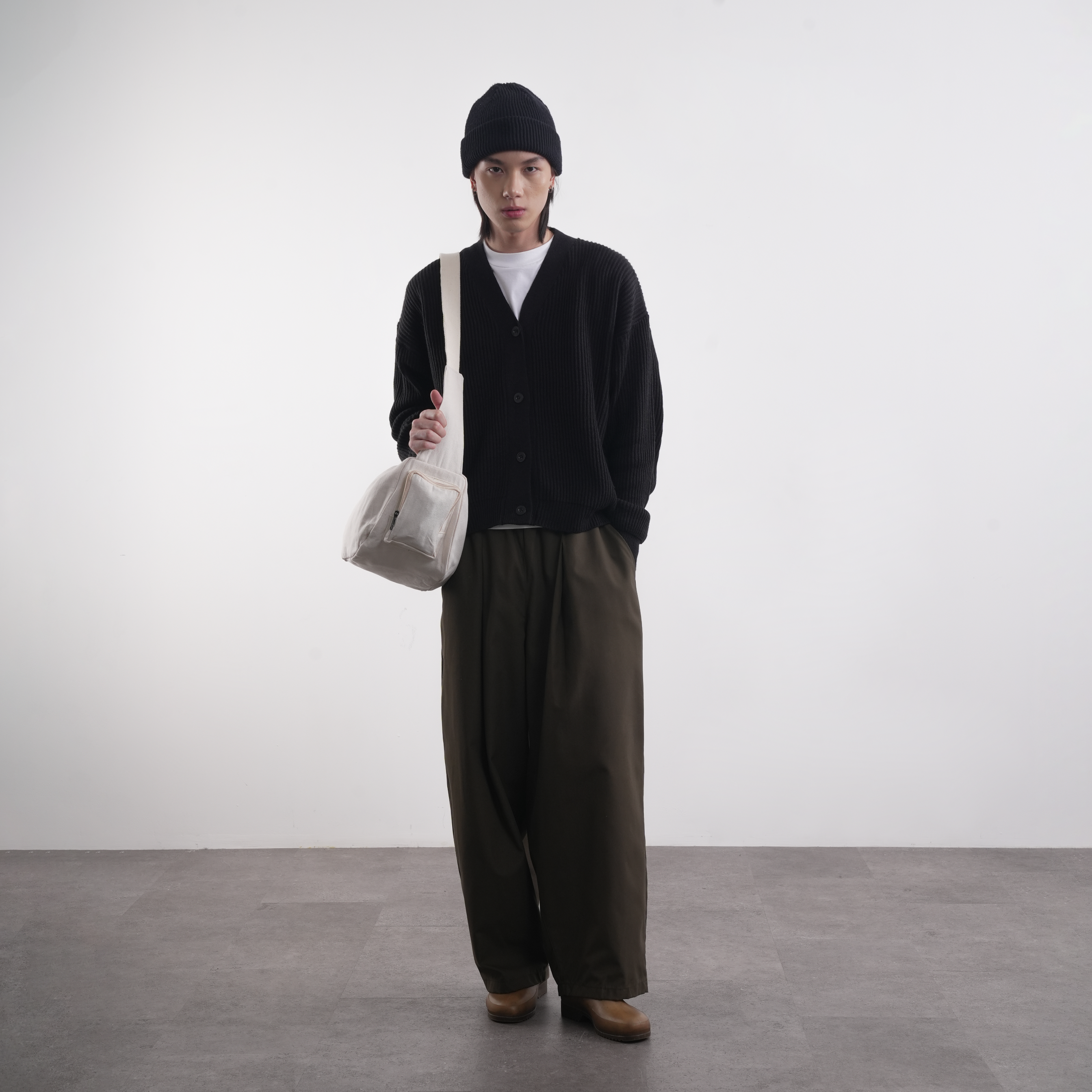Baggy Canvas Trousers - Dark Olive