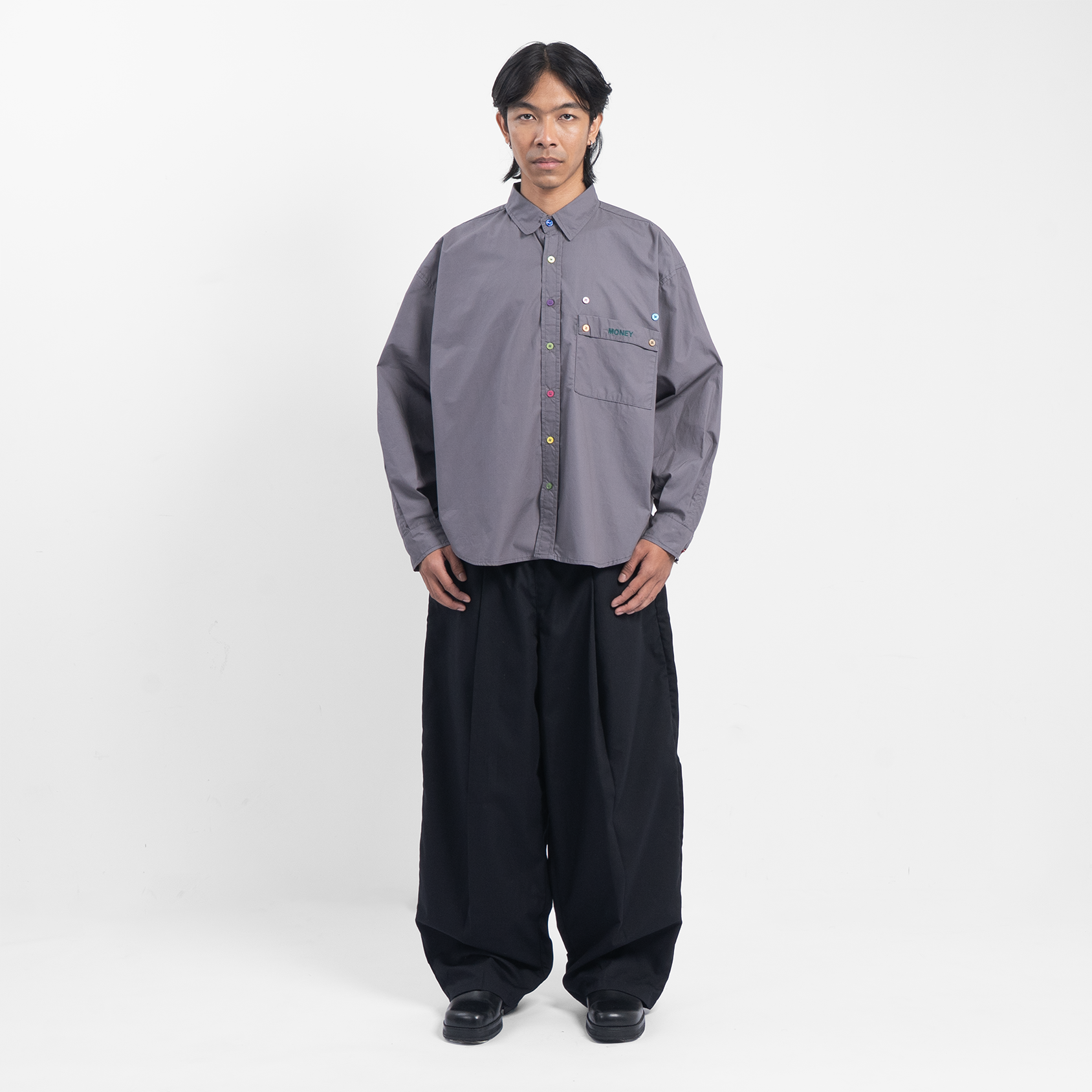 Colorful Button Oversized Shirt Grey