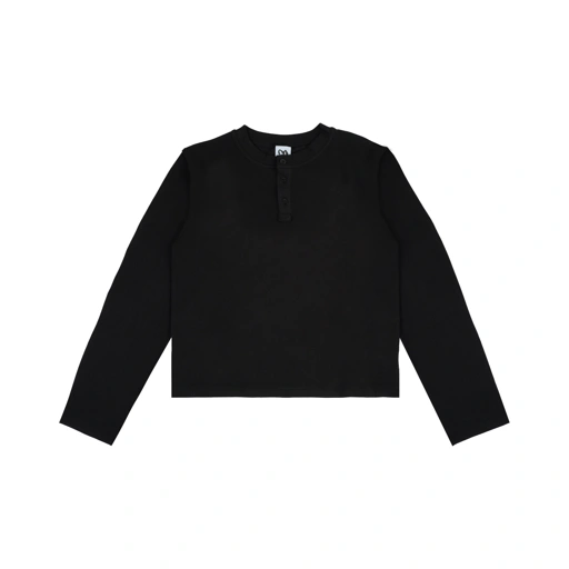 Image of Crop Fitted Henley Shirt Soft Cotton Black