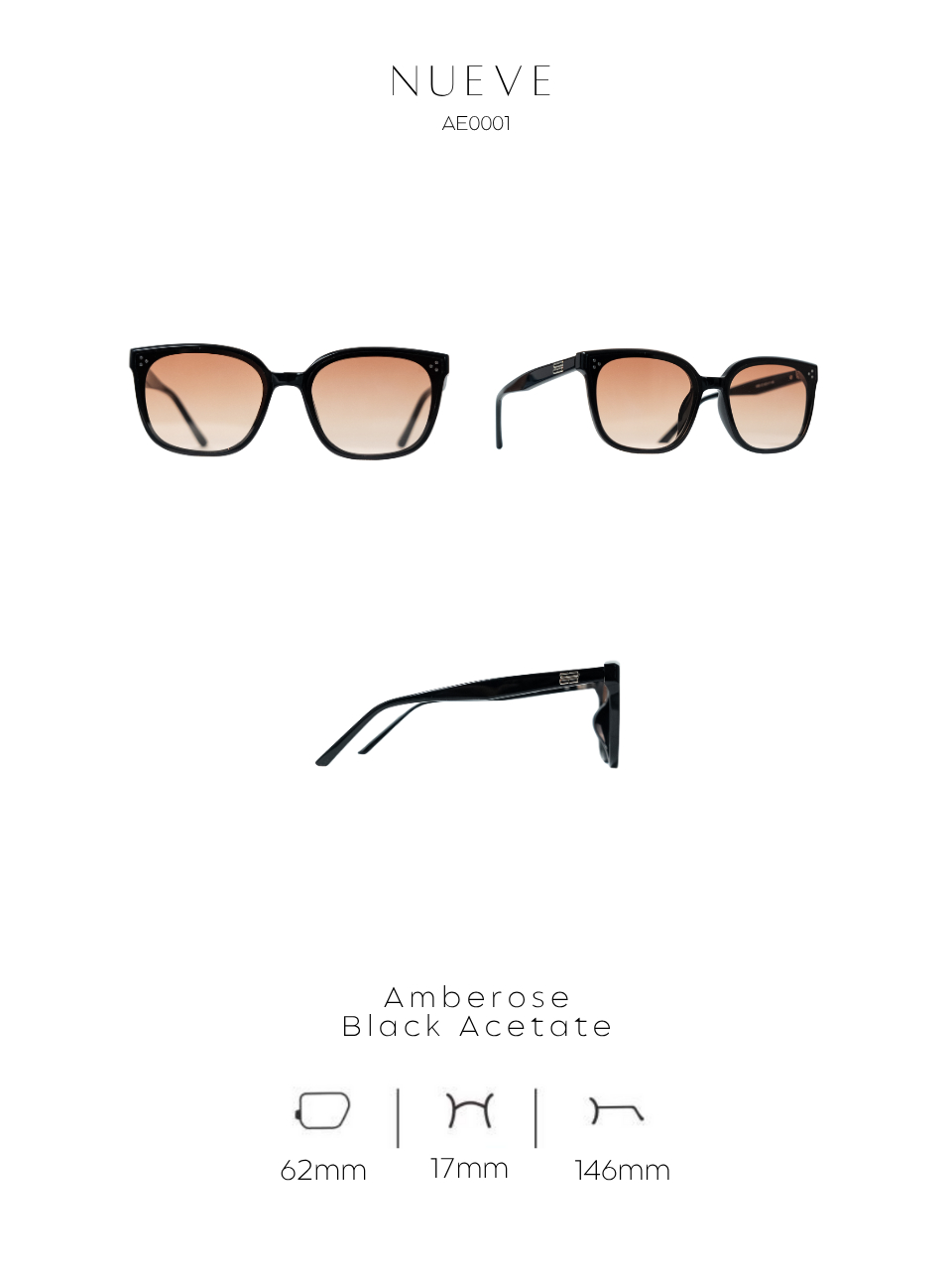 ANKARA Eyewear - NUEVE Amberose Black Acetate Square Sunglasses