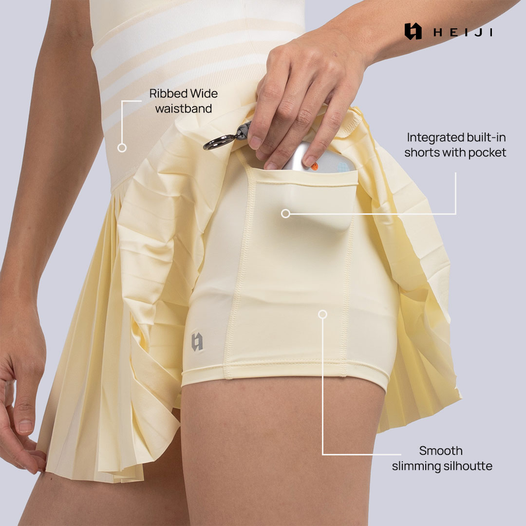 HEIJI - COURT SoftPace Pleated Skirt | Rok olahraga wanita tenis padel | Built-in inner short with pocket, Wide stretchy waistband, Anti-roll technology