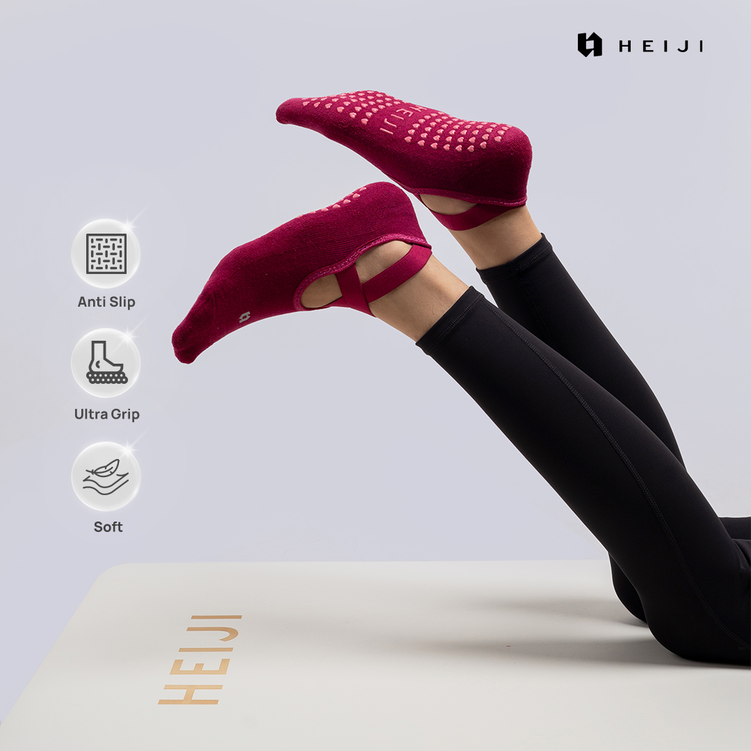 HEIJI - FLOW Stable Grip Socks | Kaos kaki Yoga Pilates | Non Slip, Cross strap fit, Full silicone ultra grip