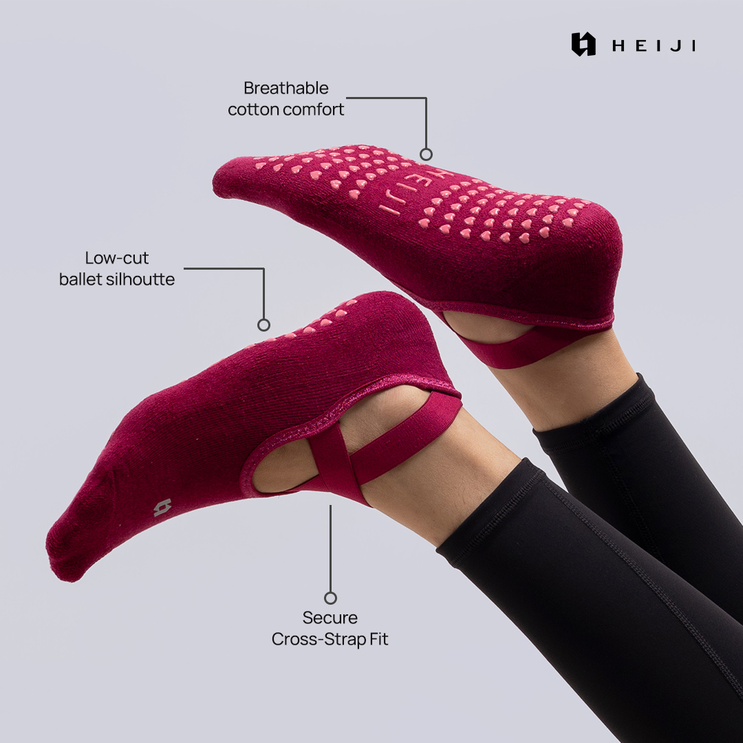 HEIJI - FLOW Stable Grip Socks | Kaos kaki Yoga Pilates | Non Slip, Cross strap fit, Full silicone ultra grip