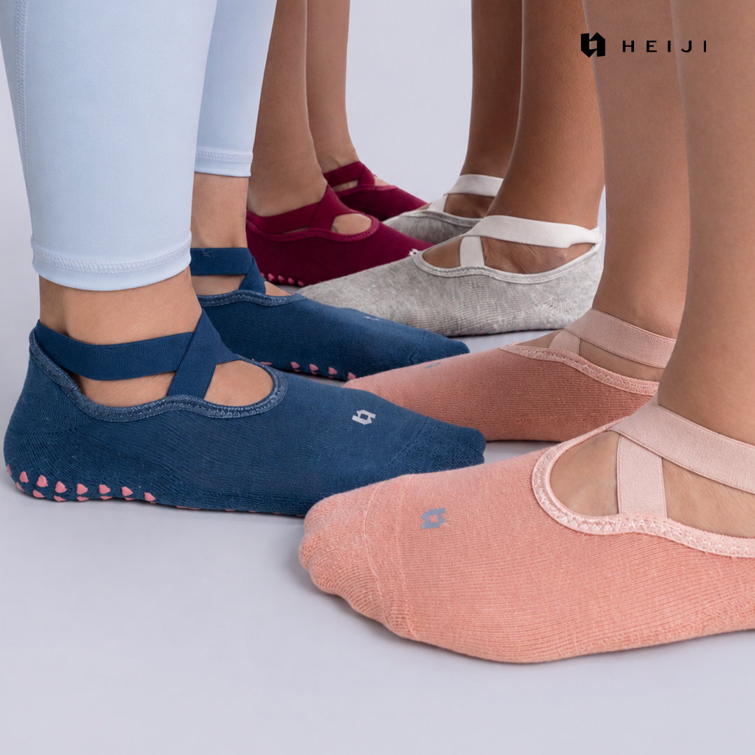 HEIJI - FLOW Stable Grip Socks | Kaos kaki Yoga Pilates | Non Slip, Cross strap fit, Full silicone ultra grip