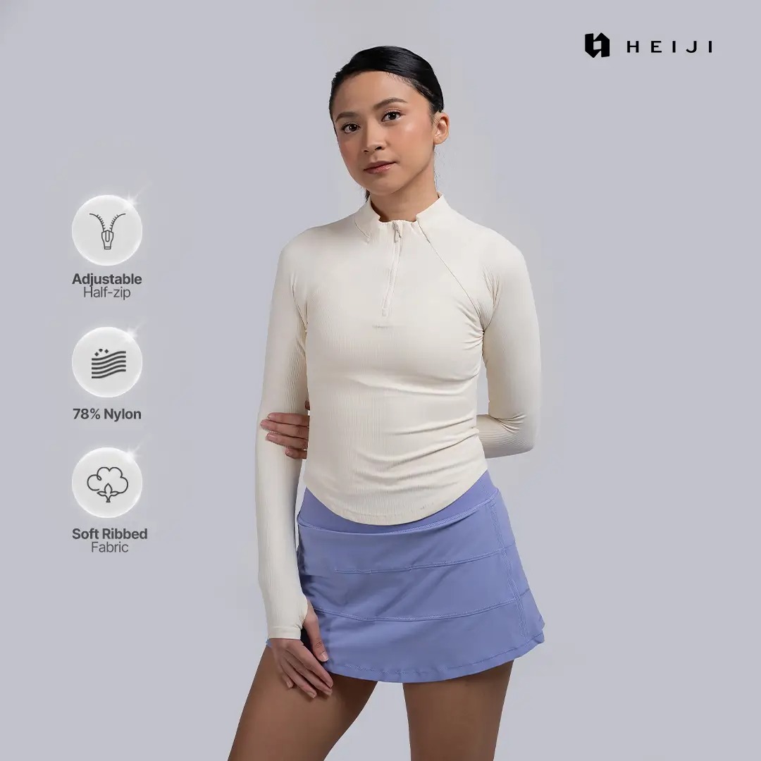 HEIJI - COURT FormEdge Zip Top | Baju olahraga wanita lengan panjang bahan Nylon | Lightweight, Thumbhole, 3D cloud touch rib knit