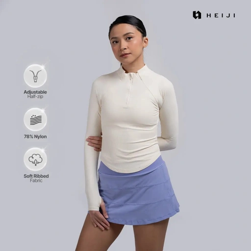 HEIJI - COURT FormEdge Zip Top | Baju olahraga wanita lengan panjang bahan Nylon | Lightweight, Thumbhole, 3D cloud touch rib knit