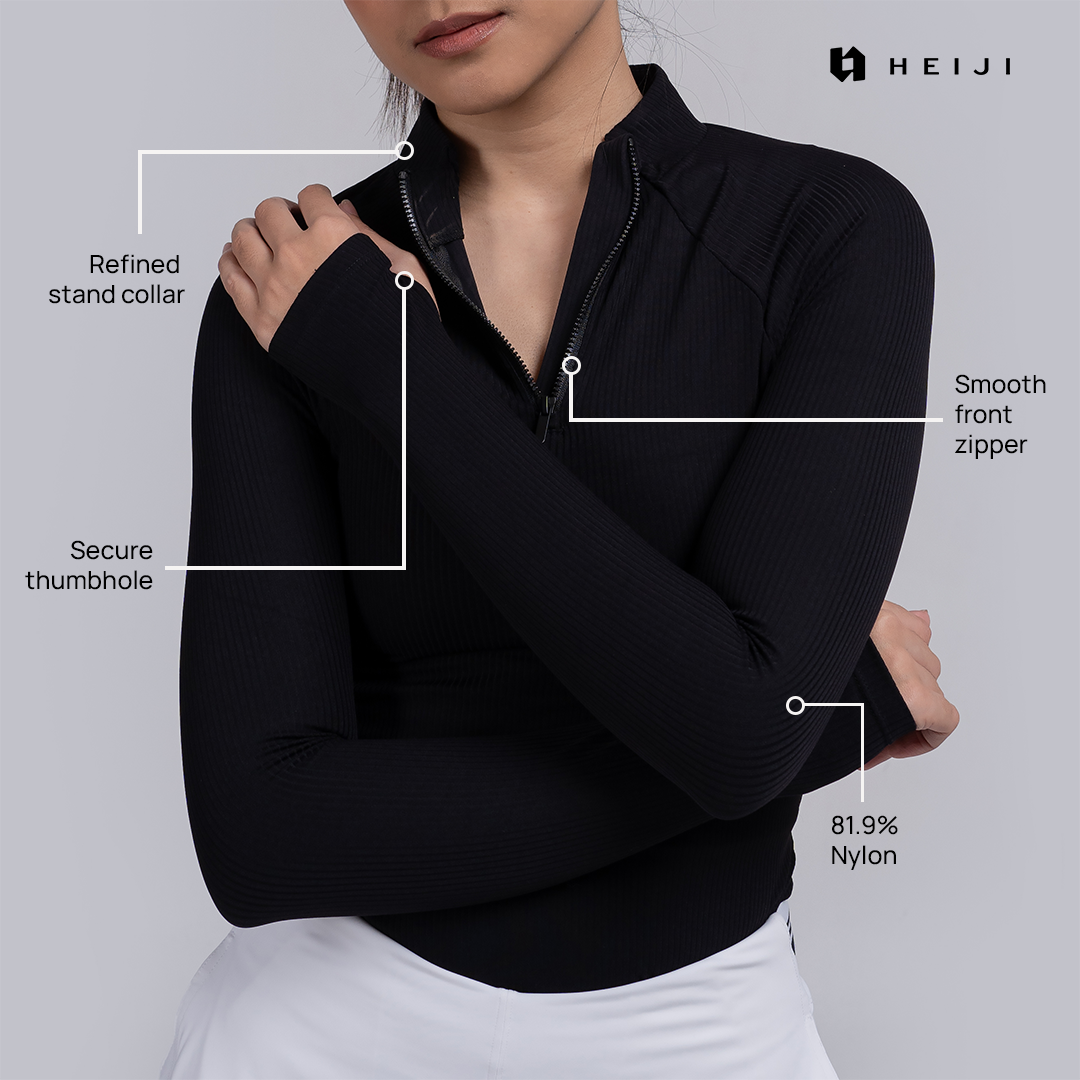HEIJI - COURT FormEdge Zip Top 2.0 | Baju olahraga wanita lengan panjang tenis padel | Upgraded premium Nylon, Thumbhole, Ultra-soft rib knit