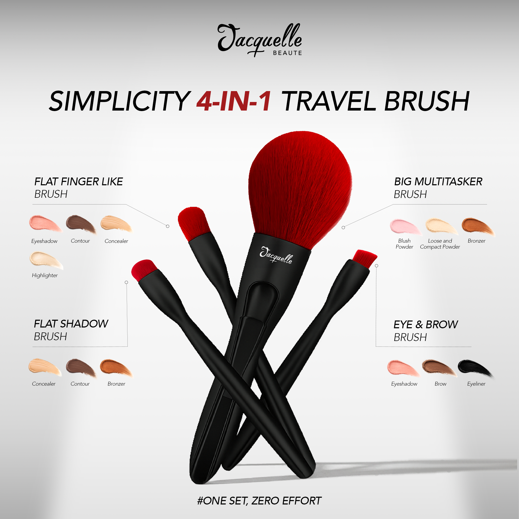 Jacquelle Simplicity 4in1 Brush - Pink Chrome - Red Black