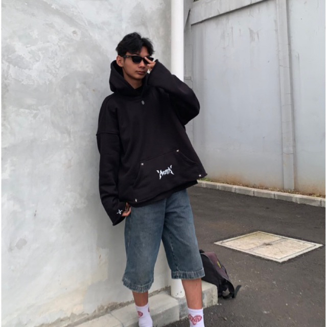 Hoodie Boxy Oversize Cleon Unfinish hitam unisex - Amerta