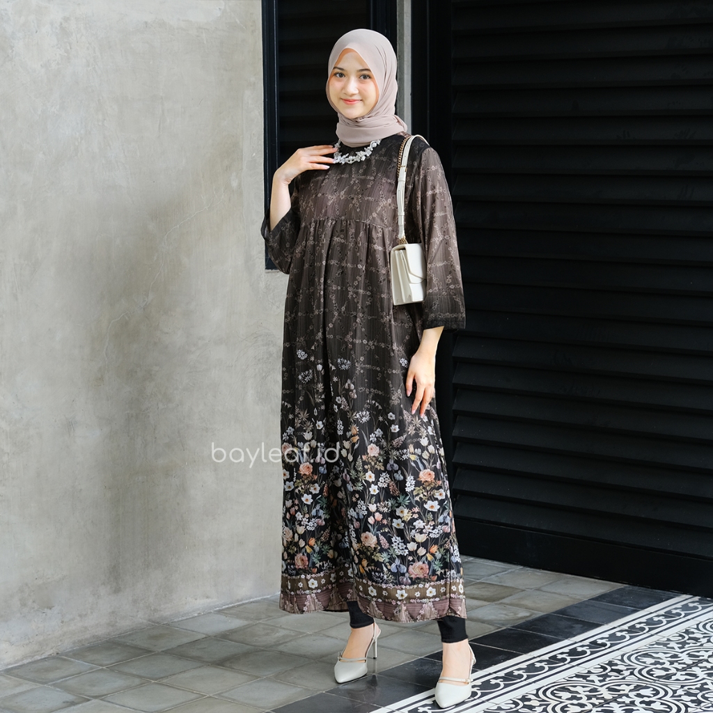 Bayleaf.id Aster Harumi Maxi Dress Black Motif Bunga / Dress Gamis Wanita Motif Bunga