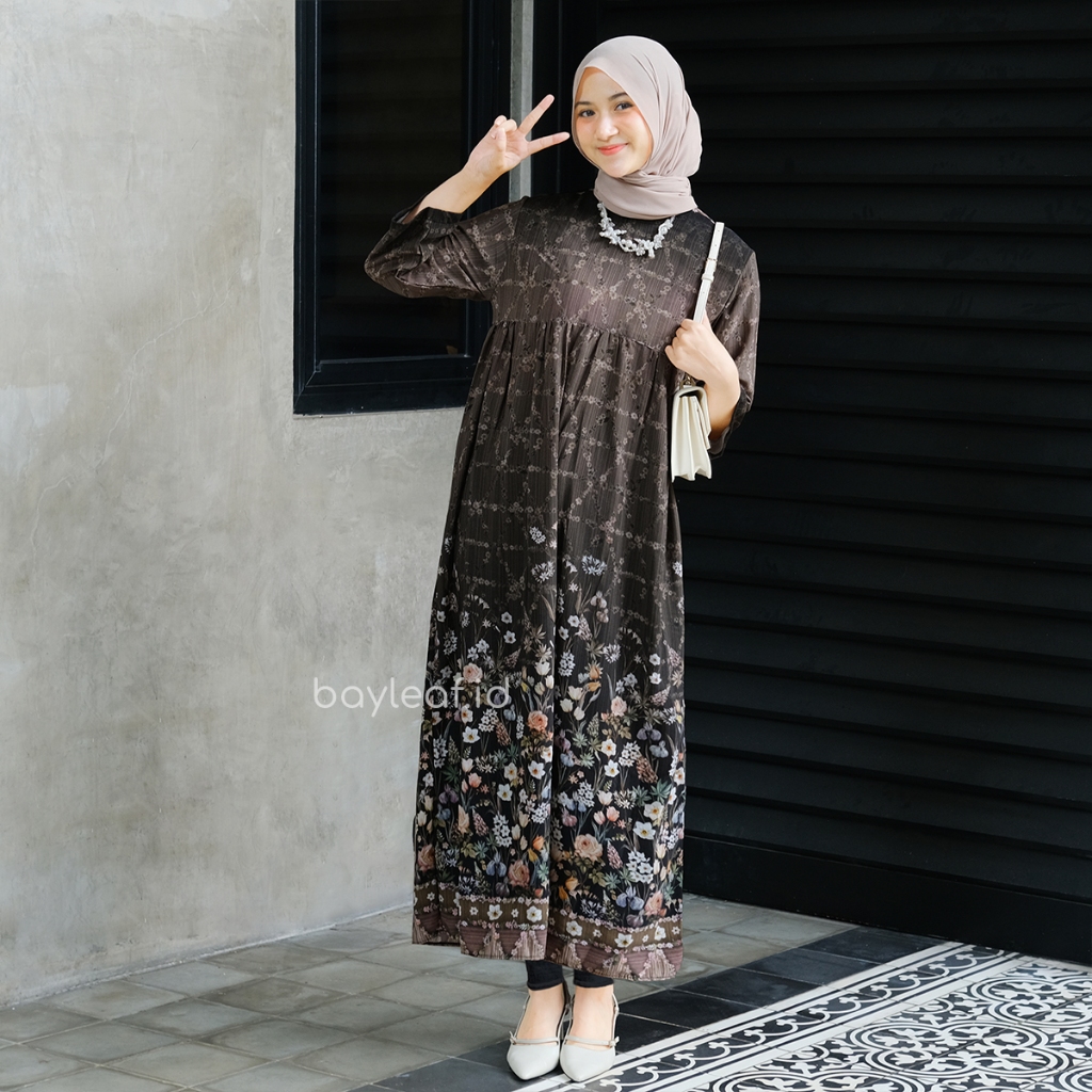 Bayleaf.id Aster Harumi Maxi Dress Black Motif Bunga / Dress Gamis Wanita Motif Bunga
