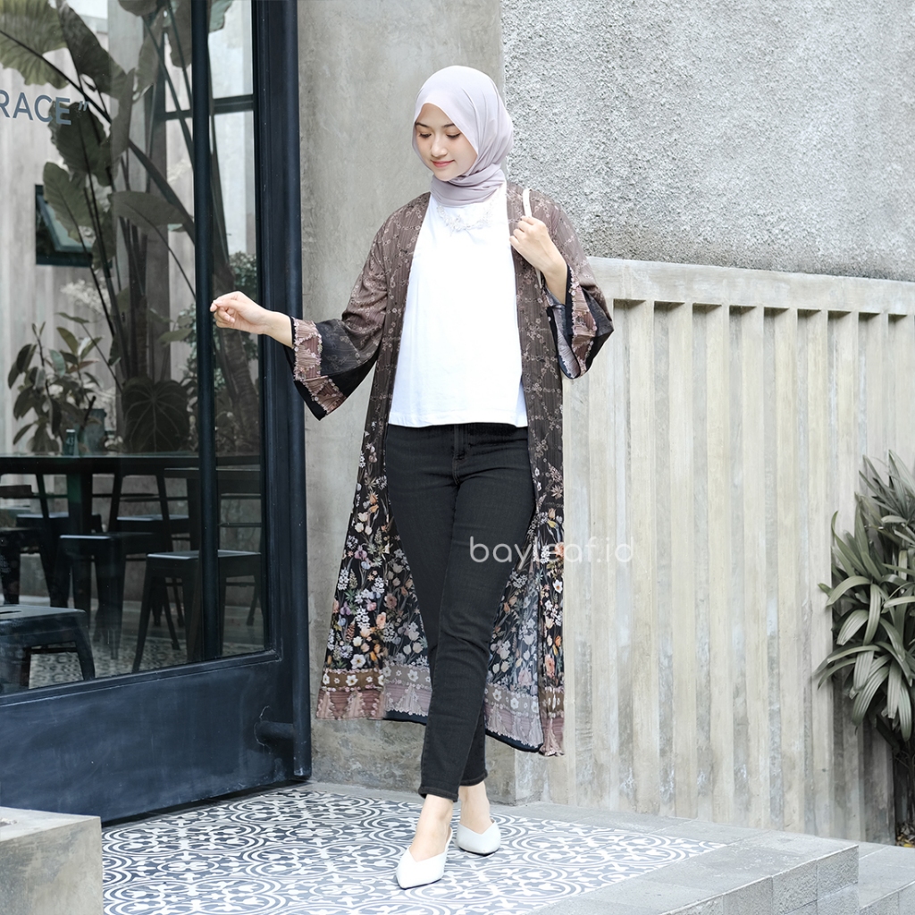 Bayleaf.id Aster Emily Long Outer Black Motif Bunga / Outer Panjang Wanita Motif
