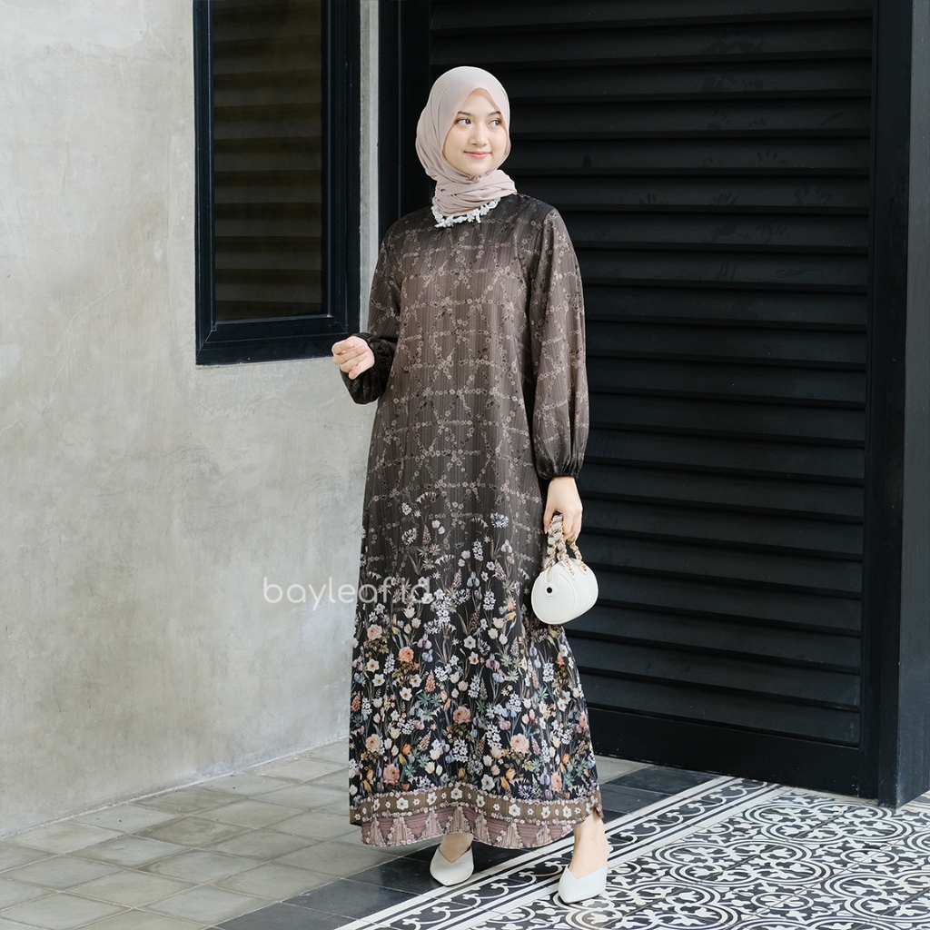 Aster Mahalini Maxi Dress Black Gamis Motif Bunga