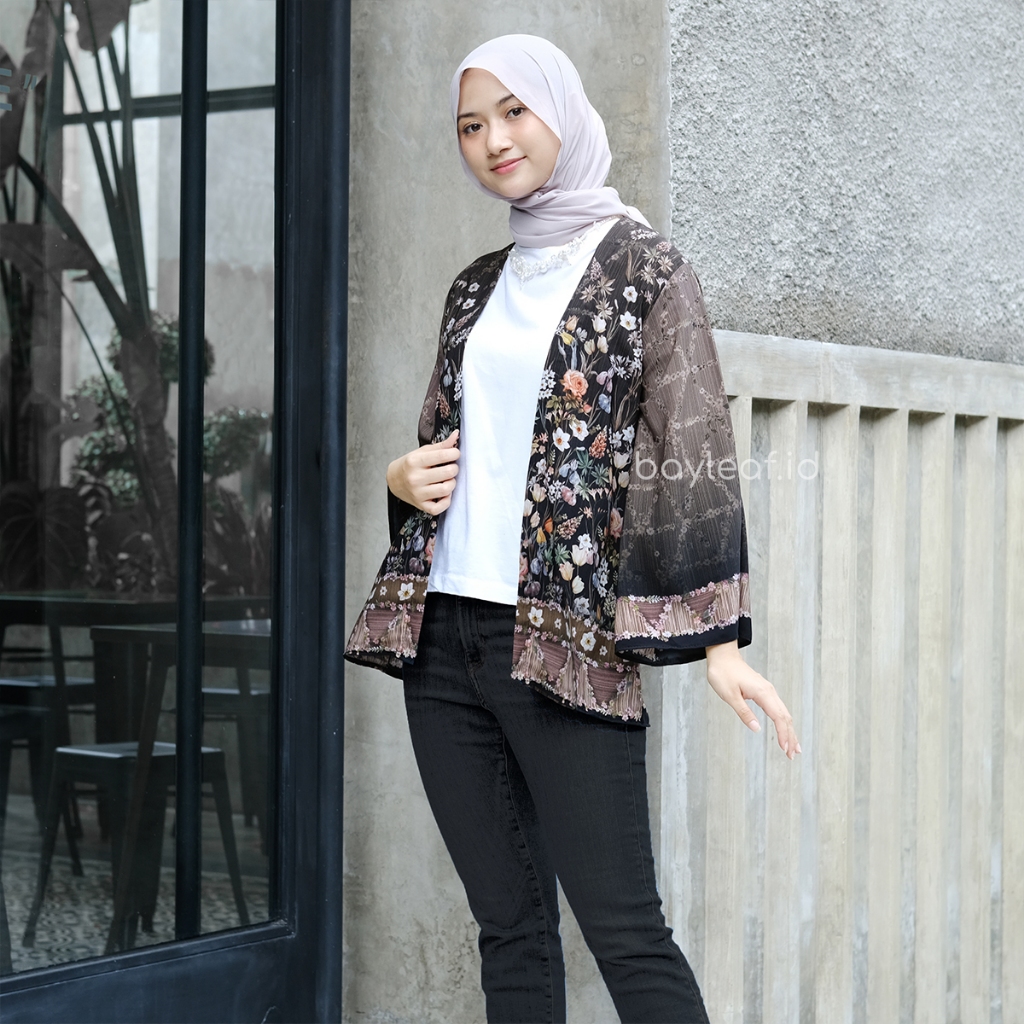 Bayleaf.id Aster Kelly Outer Black Motif Bunga / Outer Wanita Motif / Cardigan Motif