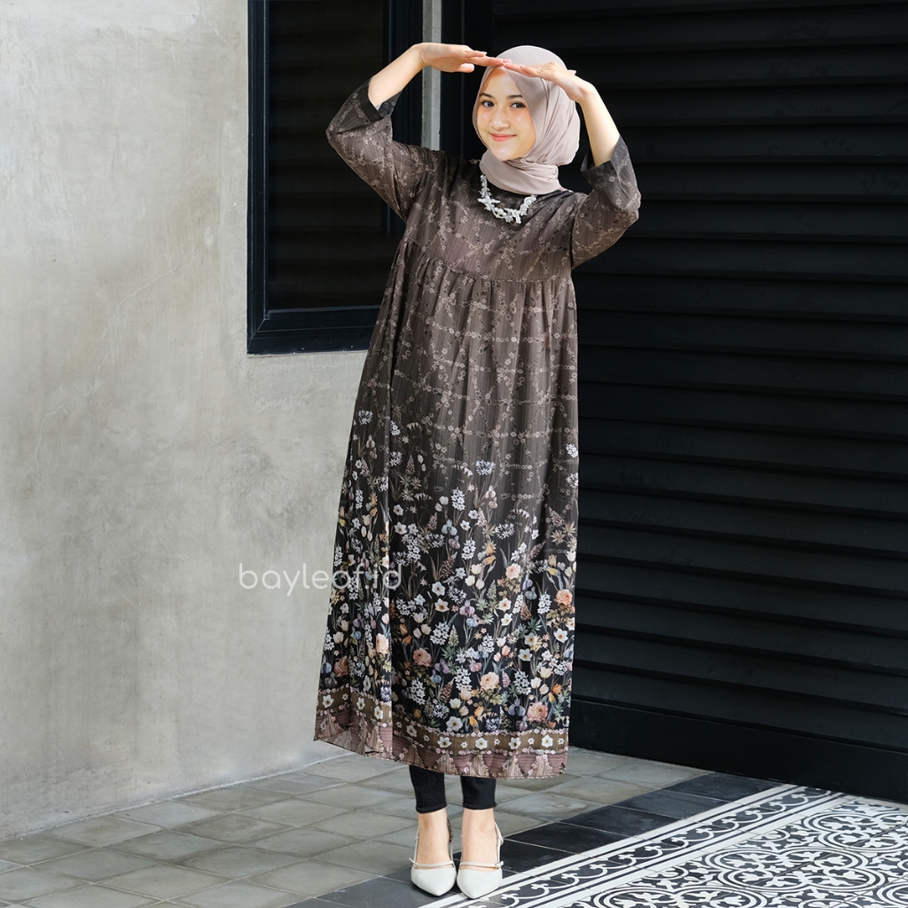 Bayleaf.id Aster Harumi Maxi Dress Black Motif Bunga / Dress Gamis Wanita Motif Bunga