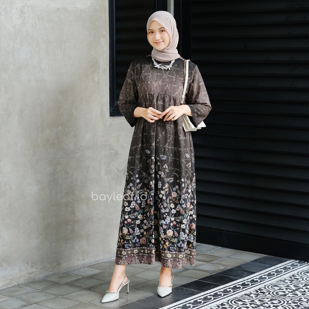 Bayleaf.id Aster Harumi Maxi Dress Black Motif Bunga / Dress Gamis Wanita Motif Bunga