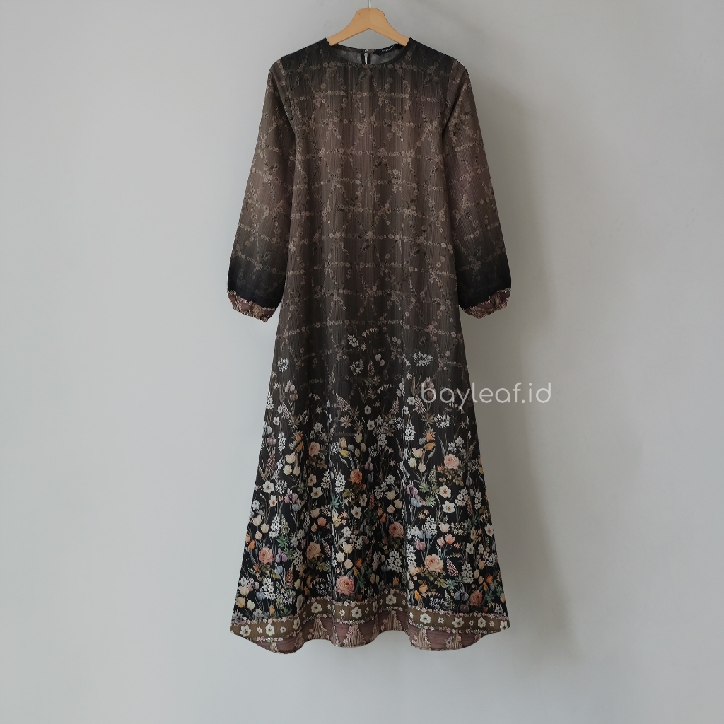 Aster Mahalini Maxi Dress Black Gamis Motif Bunga