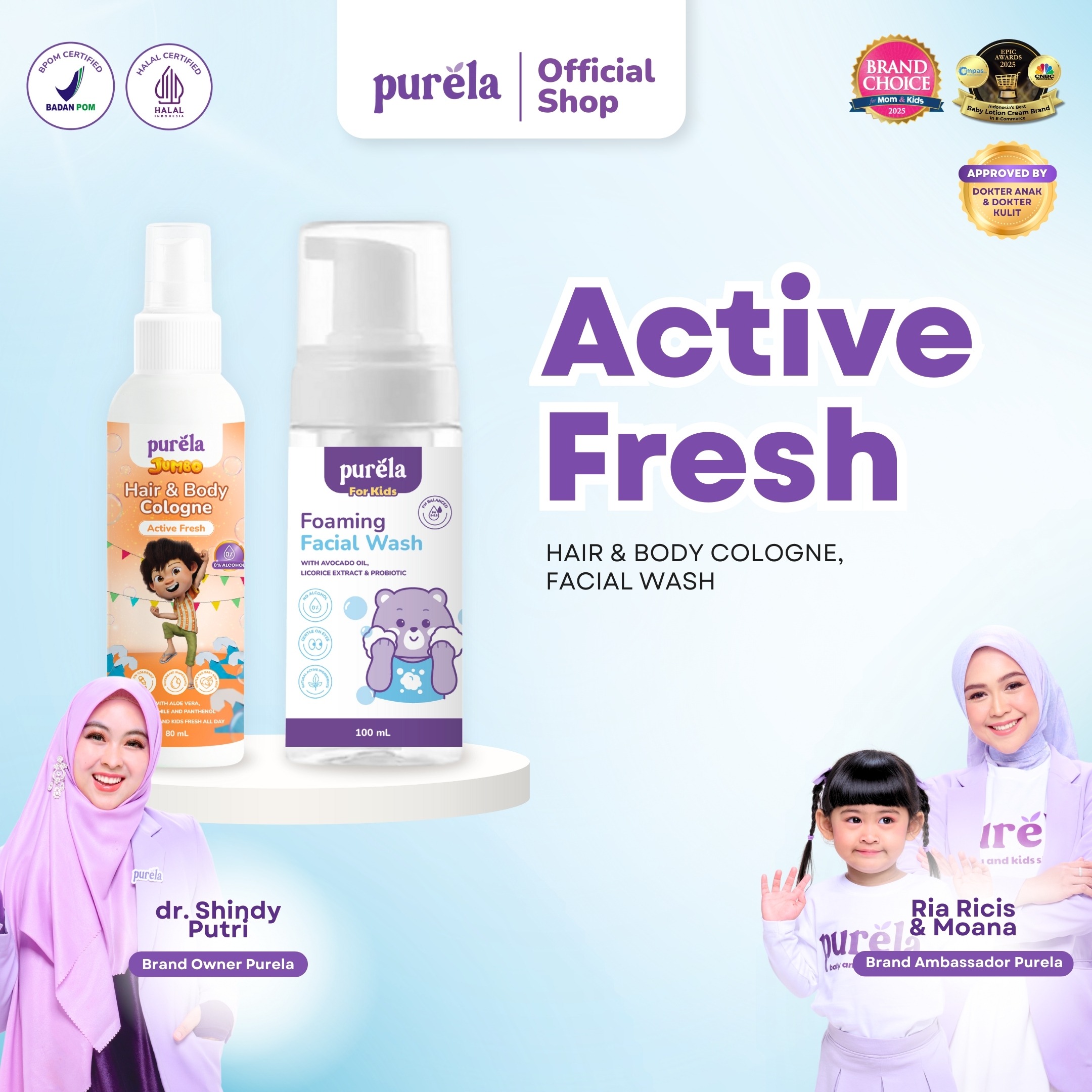 [Official] Purela Active Fresh - Hair & Body Cologne Purela x Jumbo Film & Facial Wash - Parfum anak & parfum bayi 2in 1 non iritan dan 0% alcohol - bisa untuk badan & rambut, wangi premium tahan hingga 5 jam+