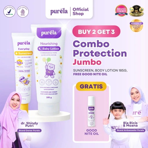 Image of [BUY 2 GET 3] COMBO PROTECTION JUMBO [+FREE GOODNITE OIL] Purela Physical Sunscreen SPF 50+PA++++30 gr, Norishing Baby Lotion 185 gr