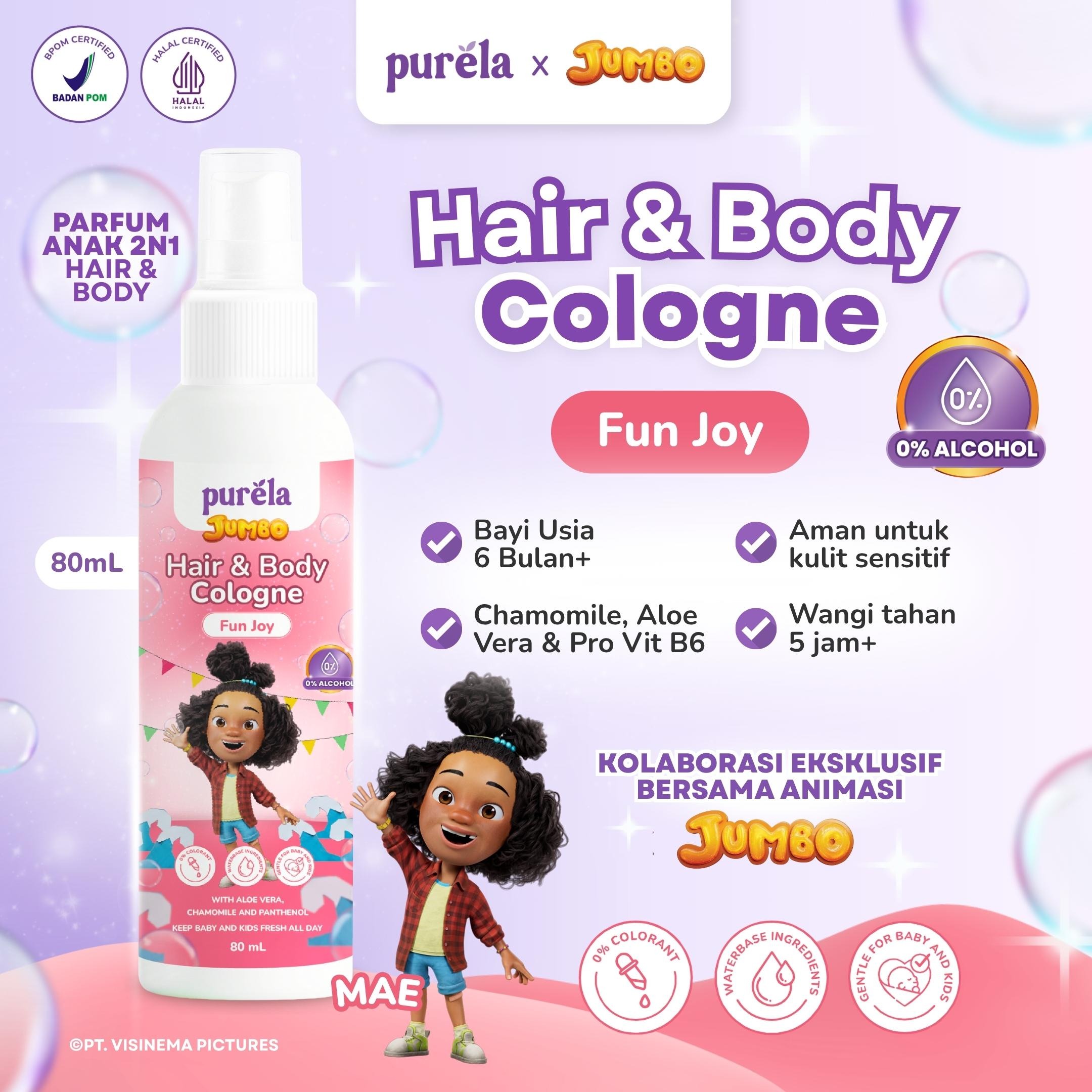 [Official] Purela Hair & Body Cologne 80ml - 2 in 1 untuk rambut dan badan Parfum Anak 0% Alcohol dan Anti iritan - Aman untuk anak 6 bulan + With Aloe Vera, Chamomile, dan Allantoin - Wangi Premium Tahan 5 Jam +
