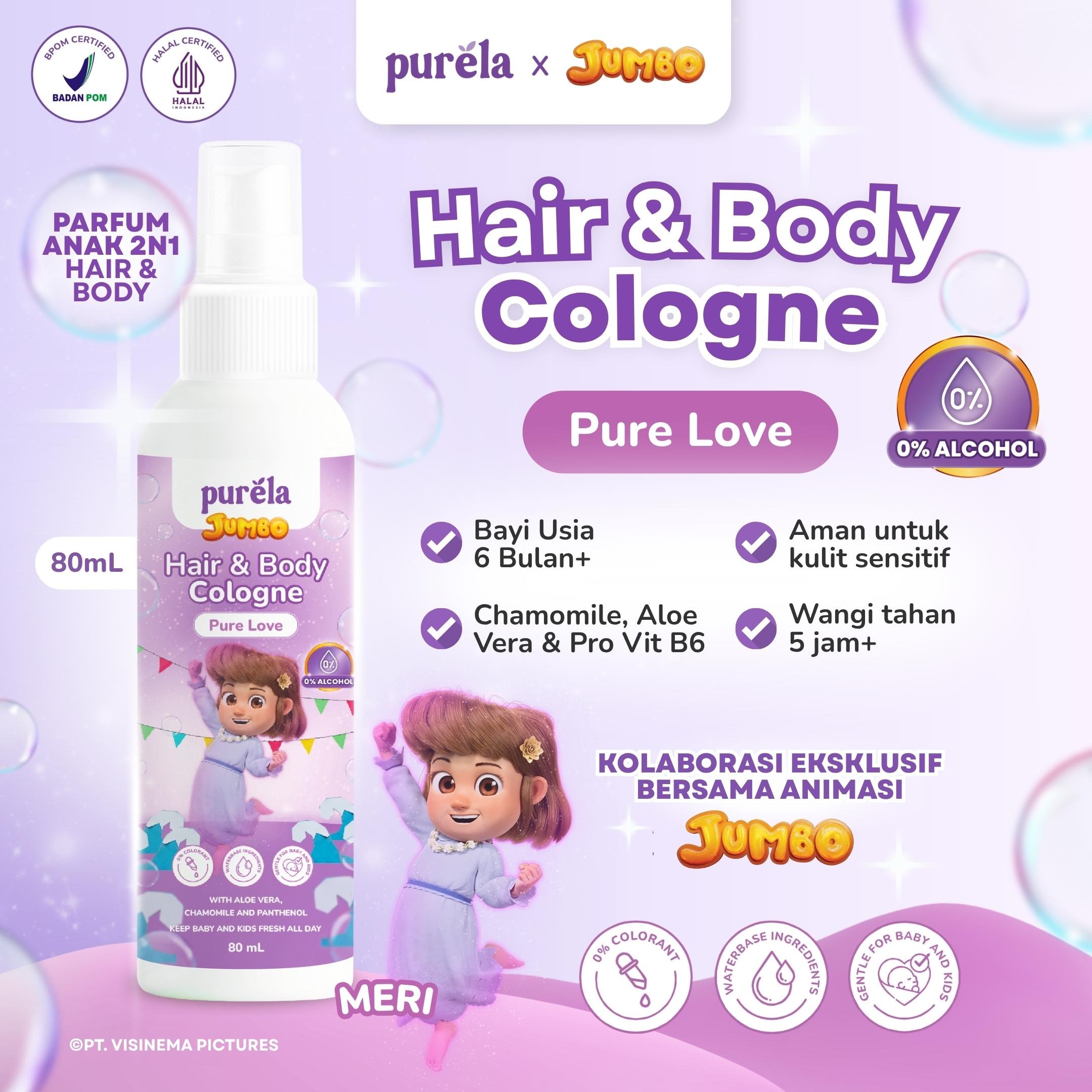 [Official] Purela Hair & Body Cologne 80ml - 2 in 1 untuk rambut dan badan Parfum Anak 0% Alcohol dan Anti iritan - Aman untuk anak 6 bulan + With Aloe Vera, Chamomile, dan Allantoin - Wangi Premium Tahan 5 Jam +