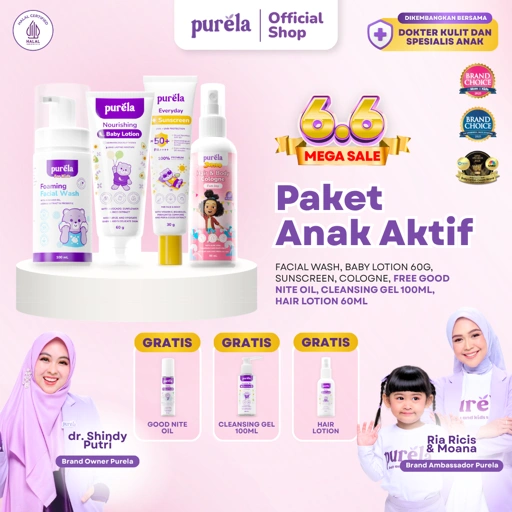 Image of [BUY 4 GET 7] PAKET ANAK AKTIF - Facial wash anak 100ml, Baby Lotion 60gr, Sunscreen SPF 50+ PA++++, Parfum anak Purela X Jumbo varian DON - GRATIS Good Nite Oil, Cleansing Gel 100ml, Pouch - Cocok untuk kulit sensitif - Dermatologist Tested