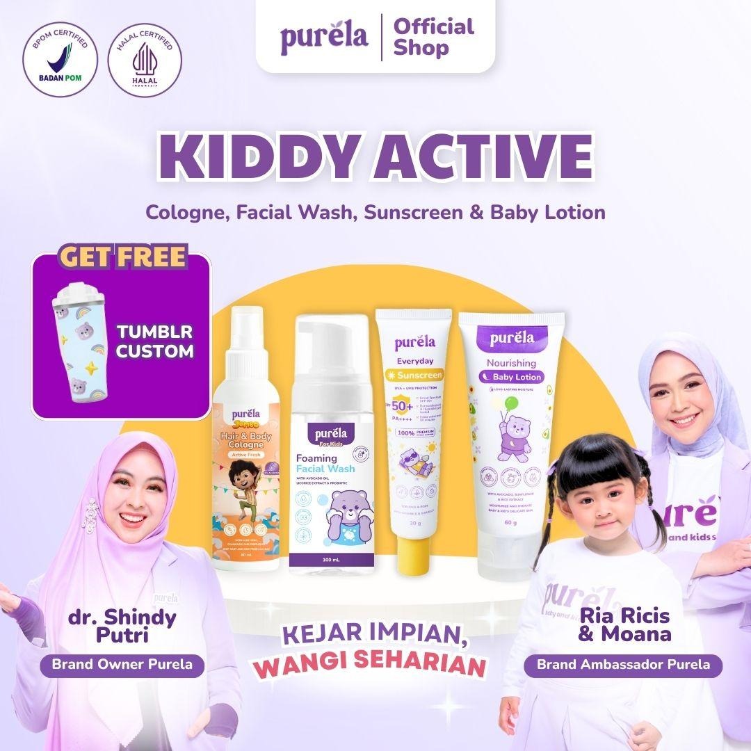 [Official] [FREE BOTOL] Purela Kiddy Active - Cologne Purela x Jumbo Film , Facial wash , Sunscreen , Baby Lotion - Parfum anak 2in 1 non ritan dan 0% alcohol - bisa untuk badan & rambut, wangi premium tahan hingga 5 jam+