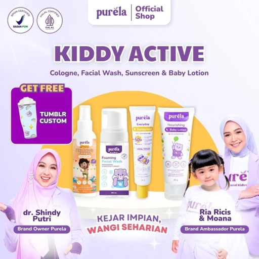 Image of [Official] [FREE BOTOL] Purela Kiddy Active - Cologne Purela x Jumbo Film , Facial wash , Sunscreen , Baby Lotion - Parfum anak 2in 1 non ritan dan 0% alcohol - bisa untuk badan & rambut, wangi premium tahan hingga 5 jam+