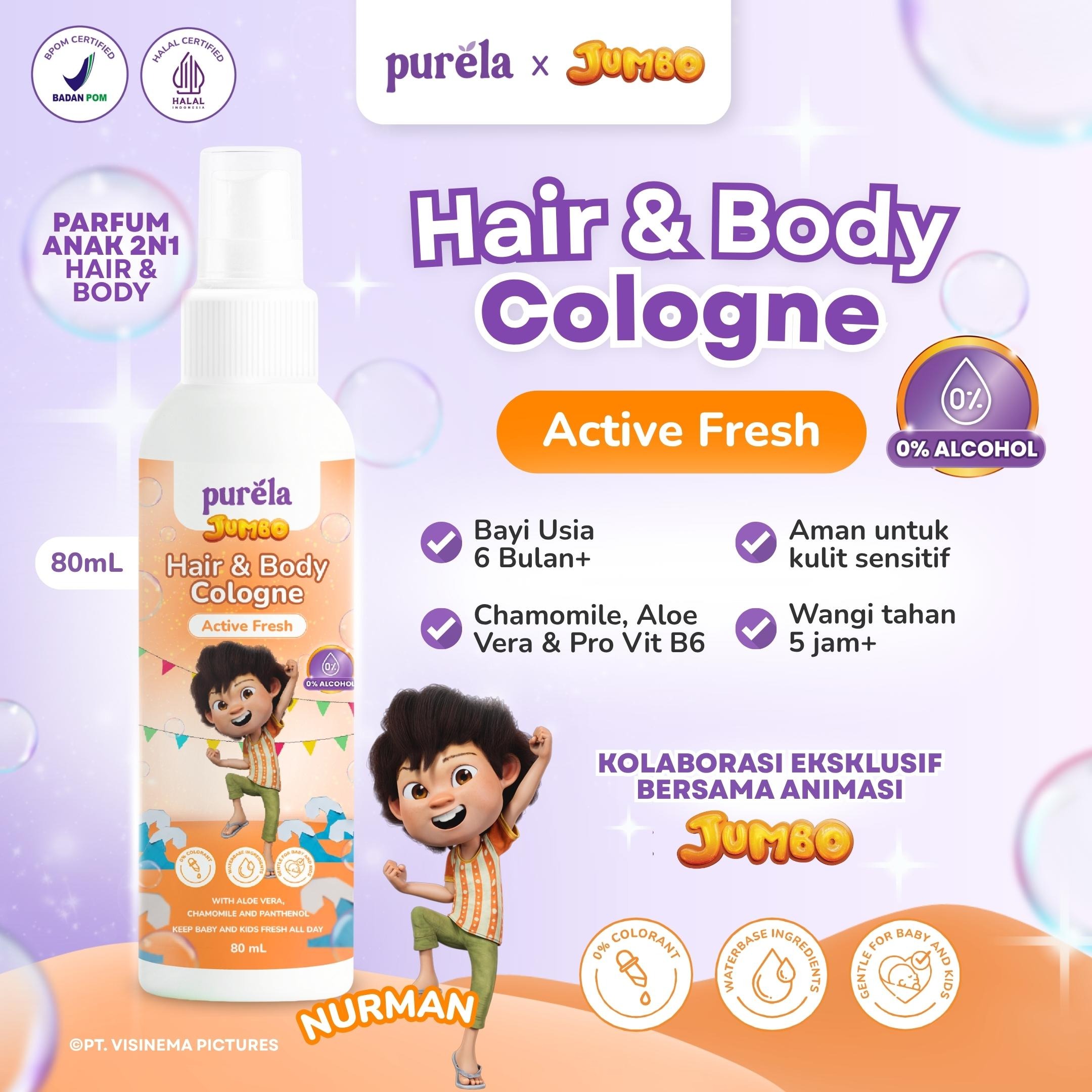 [Official] Purela Hair & Body Cologne 80ml - 2 in 1 untuk rambut dan badan Parfum Anak 0% Alcohol dan Anti iritan - Aman untuk anak 6 bulan + With Aloe Vera, Chamomile, dan Allantoin - Wangi Premium Tahan 5 Jam +