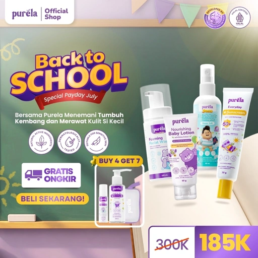 [BUY 4 GET 7] PAKET ANAK AKTIF  - Facial wash anak 100ml, Baby Lotion 185gr, Sunscreen SPF 50+ PA++++, Parfum anak Purela X Jumbo varian DON - GRATIS Good Nite Oil, Cleansing Gel 100ml, Pouch - Cocok untuk kulit sensitif - Dermatologist Tested
