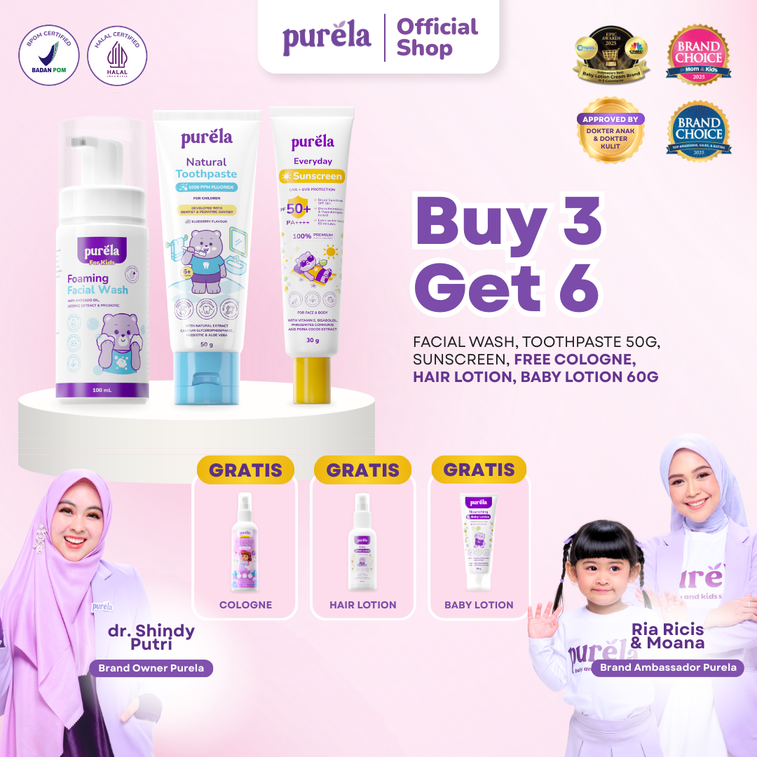 [BUY 3 GET 6] PURELA Daily Care Set Anak – Face Wash + Lotion + Sunscreen + Toothpaste + Cologne Mery