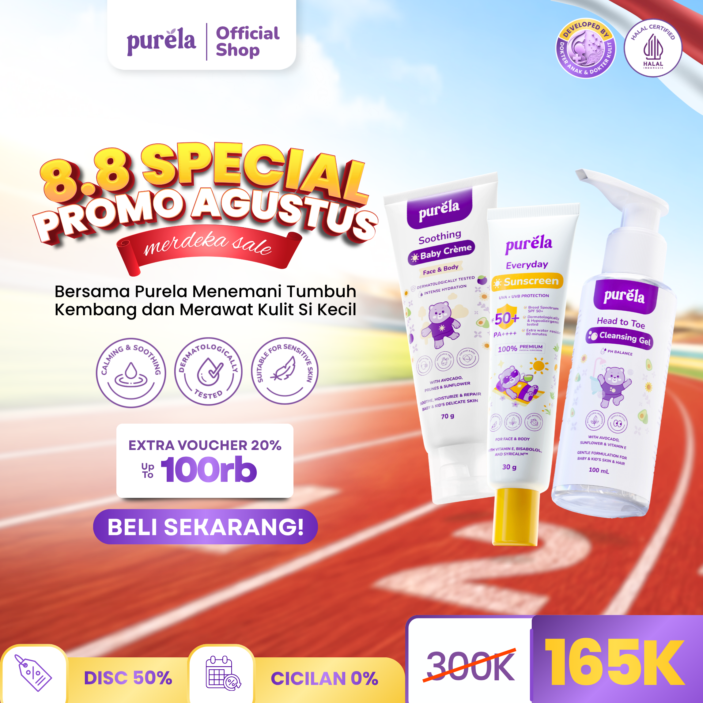 [Back to School] SUN & GLOW - FREE Cleansing Gel 100ML, Purela Everyday Sunscreen SPF 50+ PA++++ 30 gr &  Soothing Baby Creme 70g