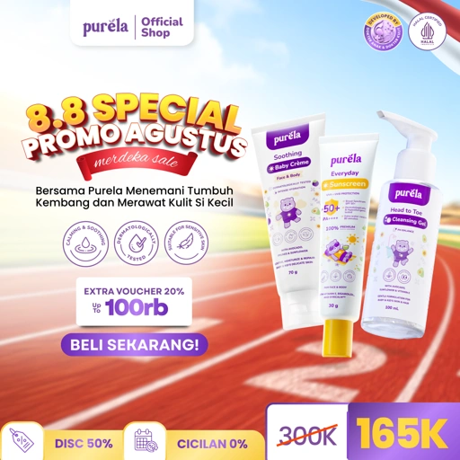 [Back to School] SUN & GLOW - FREE Cleansing Gel 100ML, Purela Everyday Sunscreen SPF 50+ PA++++ 30 gr &  Soothing Baby Creme 70g