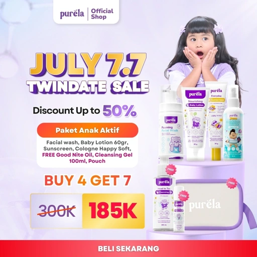 [BUY 4 GET 7] PAKET ANAK AKTIF - Facial wash anak 100ml, Baby Lotion 60gr, Sunscreen SPF 50+ PA++++, Parfum anak Purela X Jumbo varian DON - GRATIS Good Nite Oil, Cleansing Gel 100ml, Pouch - Cocok untuk kulit sensitif - Dermatologist Tested